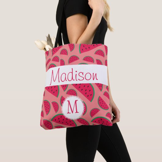 Rode Watermeloen Zomer Leuk Initiaal Monogram Tote Bag (Dichtbij)