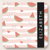 Rode watermeloenen, harten, strepen, Jouw naam Bier Onderzetter (Voorkant)