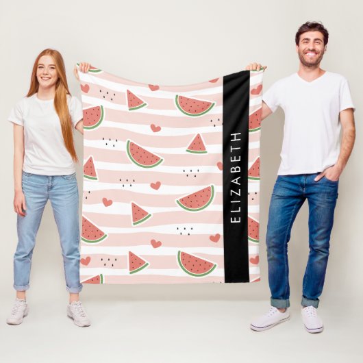 Rode watermeloenen, harten, strepen, Jouw naam Fleece Deken (In situ)