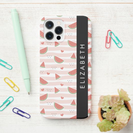 Rode watermeloenen, harten, strepen, Jouw naam iPhone Hoesje (Op bureau)