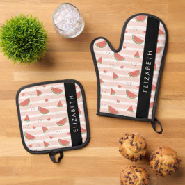 Rode watermeloenen, harten, strepen, Jouw naam Ovenwant & Pannenlap Set