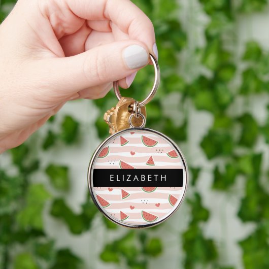 Rode watermeloenen, harten, strepen, Jouw naam Sleutelhanger (Hand)