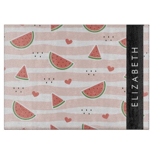 Rode watermeloenen, harten, strepen, Jouw naam Snijplank (Voorkant)