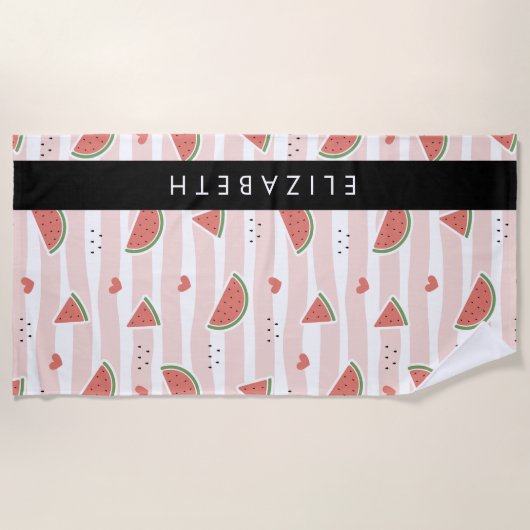 Rode watermeloenen, harten, strepen, Jouw naam Strandlaken (Voorkant)