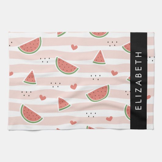 Rode watermeloenen, harten, strepen, Jouw naam Theedoek (Horizontaal)