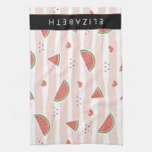 Rode watermeloenen, harten, strepen, Jouw naam Theedoek (Verticaal)