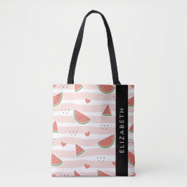 Rode watermeloenen, harten, strepen, Jouw naam Tote Bag