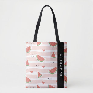 Rode watermeloenen, harten, strepen, Jouw naam Tote Bag