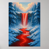 Rode waterval in het winterse sneeuwlandschap poster (Voorkant)