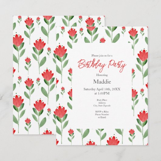 Rode Waterverf Abstract bloempatroon Kaart (Voorkant / Achterkant)