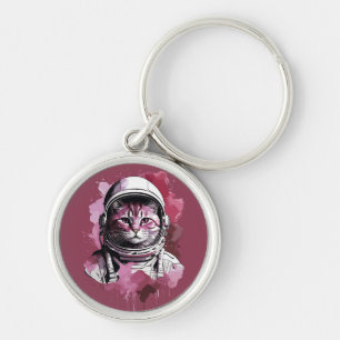 Rode Waterverf Astronaut Cat Sleutelhanger