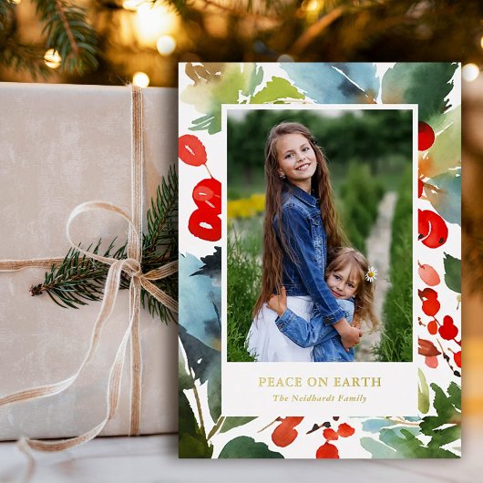  Rode Waterverf Berries kerstfoto Folie Feestdagenkaart