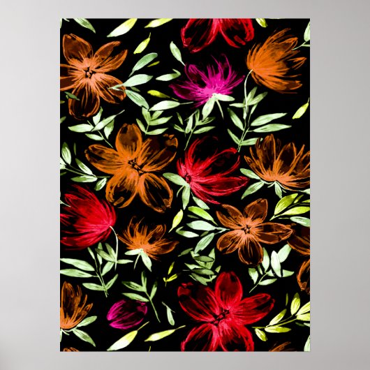 Rode Waterverf bloemen 3 Poster (Voorkant)