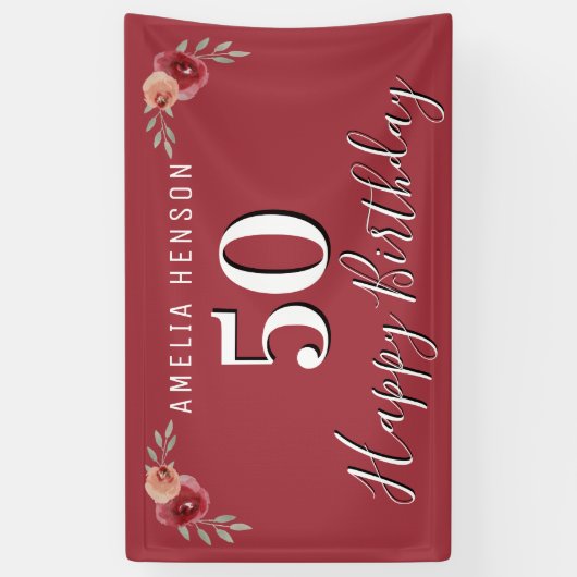 Rode Waterverf Bloemen 50ste Verjaardag Spandoek (Verticaal)