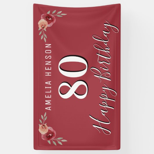 Rode Waterverf Bloemen 80ste Verjaardag Spandoek (Verticaal)