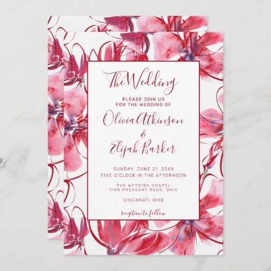 Rode Waterverf Bloemen Bruiloft Kaart (Voorkant / Achterkant)