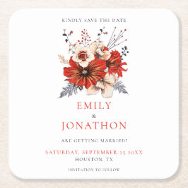 Rode Waterverf Bloemen Bruiloft Save The Date Kartonnen Onderzetters