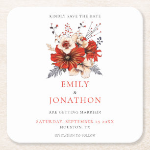 Rode Waterverf Bloemen Bruiloft Save The Date Kartonnen Onderzetters