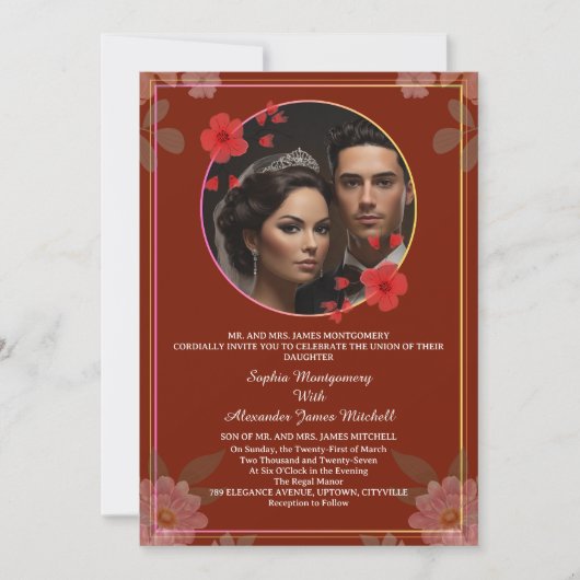 Rode Waterverf Bloemen Lijst Bruiloft Uitnodiging  (Voorkant)