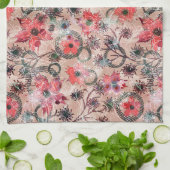 Rode waterverf bloemen op beige. theedoek (Gevouwen)