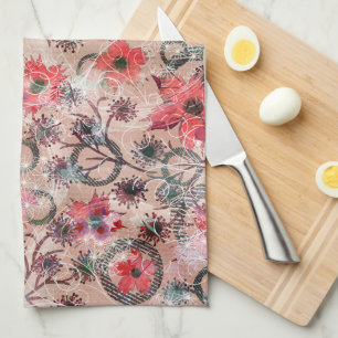 Rode waterverf bloemen op beige. theedoek