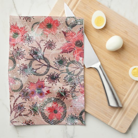 Rode waterverf bloemen op beige. theedoek (Quarter Fold)