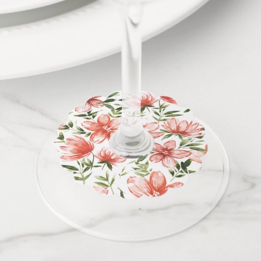 Rode Waterverf bloemen Wijnglaslabel (Dichtbij)