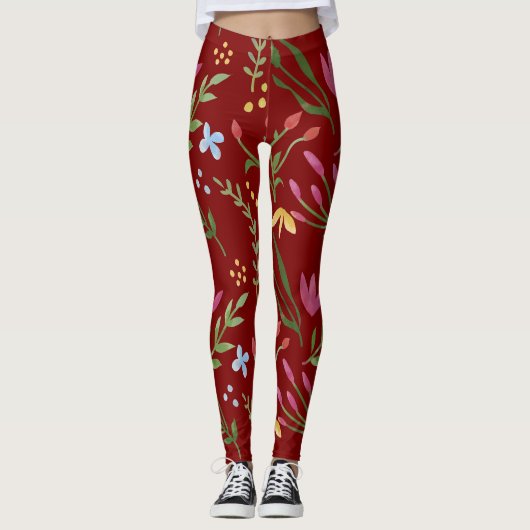 Rode Waterverf Bloemen Zwart Roze Blauw Geel Leggings (Voorkant)