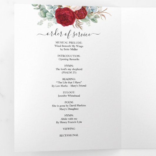 Rode Waterverf Bloemenmonument begrafenis Drieluik Programma (Binnenzijde eerst)