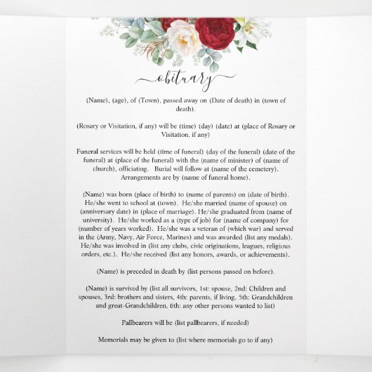 Rode Waterverf Bloemenmonument begrafenis Drieluik Programma (Binnenkant midden)