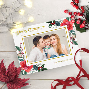 Rode waterverf bloemige vrolijk kerst foto briefkaart