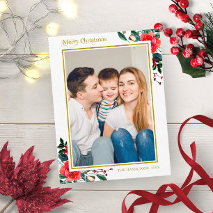 Rode waterverf bloemige vrolijke kerst foto briefkaart