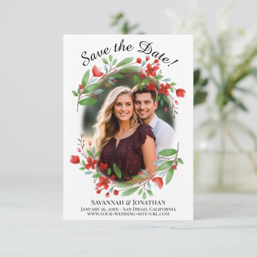 Rode Waterverf bloesems en groene bruiloft Save The Date (Staand voorkant)