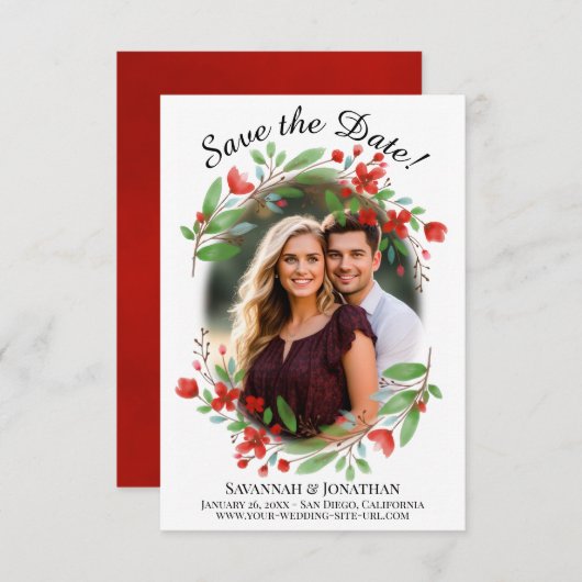 Rode Waterverf bloesems en groene bruiloft Save The Date (Voorkant / Achterkant)