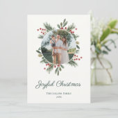 Rode Waterverf Bow Holly Berries Foto Kerst Feestdagenkaart (Staand voorkant)