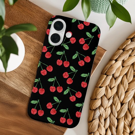 Rode Waterverf Cherry Fruit Patroon Zwart Case-Mate iPhone Case