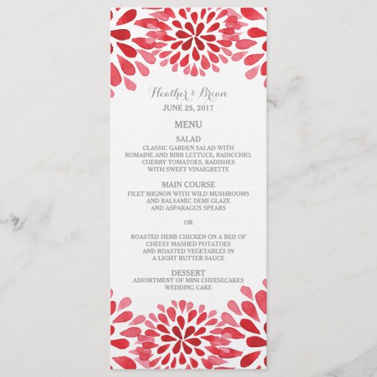 Rode Waterverf Chrysanthemum Wedding Menu (Voorkant)