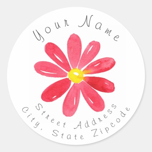 'Rode Waterverf Daisy 2' adreslabel Ronde Sticker (Voorkant)