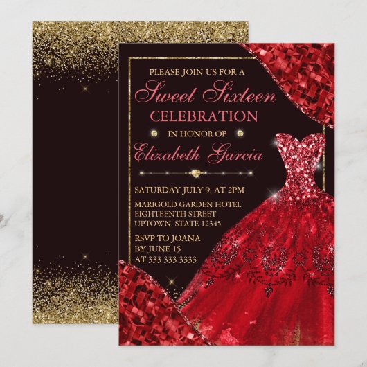 Rode Waterverf Dress & Glam Edges Sweet Sixteen Kaart (Voorkant / Achterkant)