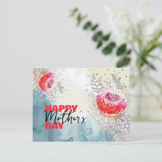 Rode Waterverf en Zwarte Inkt Bloemen Moederdag Briefkaart (Staand voorkant)