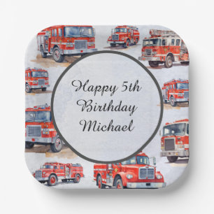 Rode Waterverf Firetruck Motor Kind Verjaardagsfee Papieren Bordje