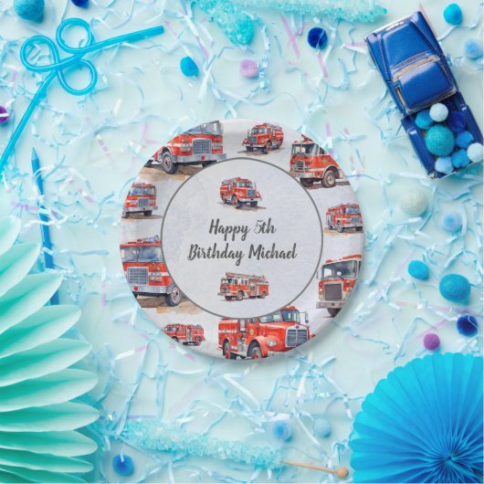 Rode Waterverf Firetruck Motor Kind Verjaardagsfee Papieren Bordje (Feest)