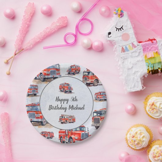 Rode Waterverf Firetruck Motor Kind Verjaardagsfee Papieren Bordje (Feest)