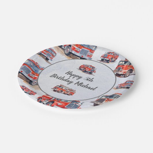 Rode Waterverf Firetruck Motor Kind Verjaardagsfee Papieren Bordje (Gekanteld)