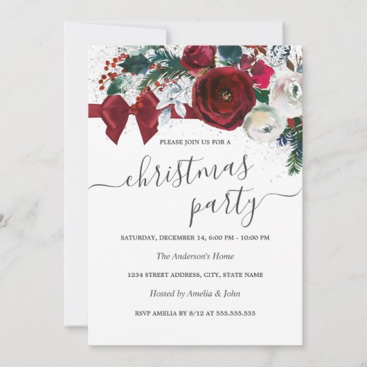 Rode Waterverf Floral Bow kerstfeest Kaart (Voorkant)