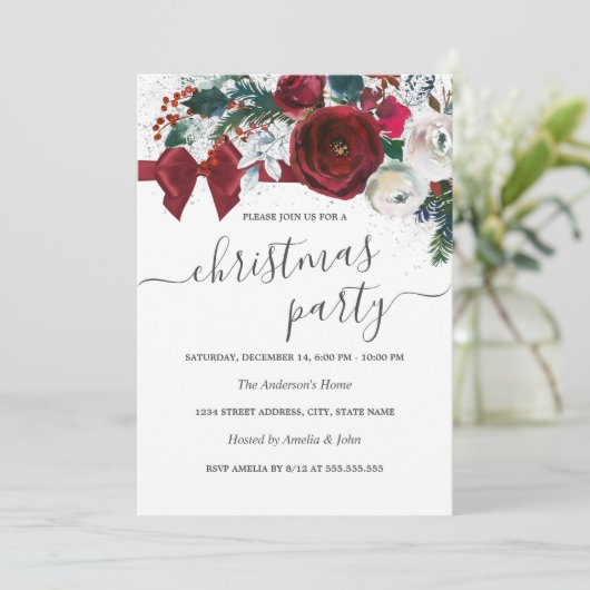 Rode Waterverf Floral Bow kerstfeest Kaart (Staand voorkant)