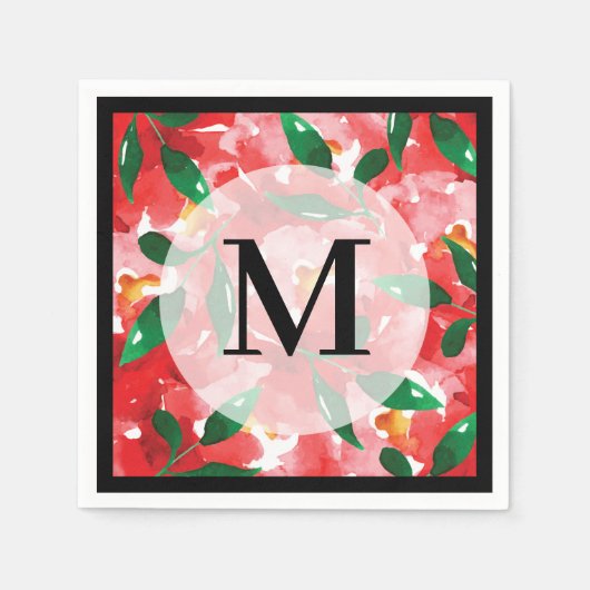 Rode Waterverf Floral Monogram Servet (Voorkant)