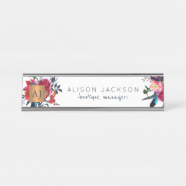 Rode waterverf floreel goud, monogrammen bureau naambordje