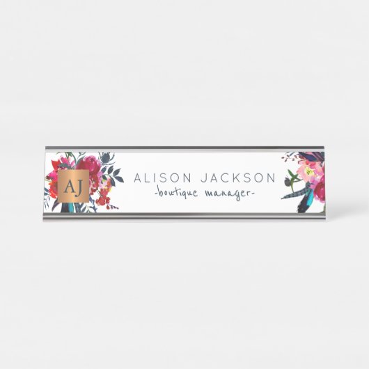 Rode waterverf floreel goud, monogrammen bureau naambordje (Voorkant)