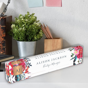 Rode waterverf floreel goud, monogrammen naambordje